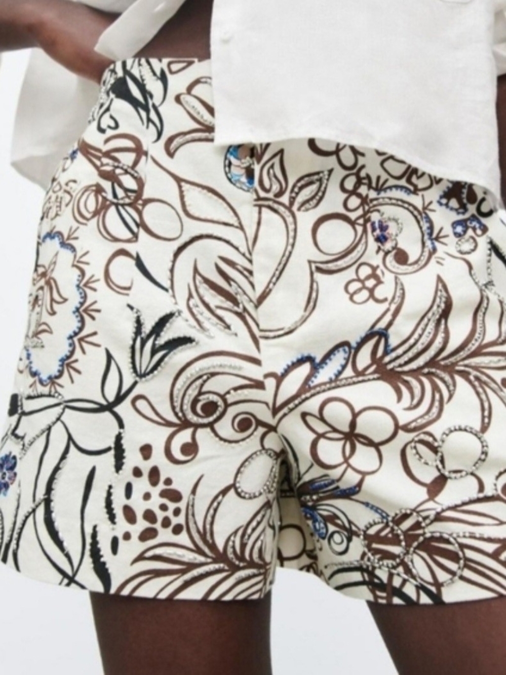 Zara Cream Floral-Print Shorts with Sequin Embelishments